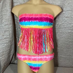 Forever 21 Bikini Set Swimwear Top & Bottom Yellow Pink Purple M Tassels Fringe